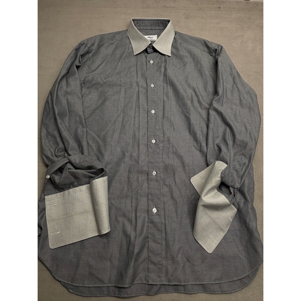 Brioni Neiman Marcus Mens Grey Micro Check French Cuff Dress Shirt 16.5 L Italy - Picture 1 of 7